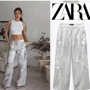 Zara Silver Cargo Trousers  High Waisted  Size S wide leg straight